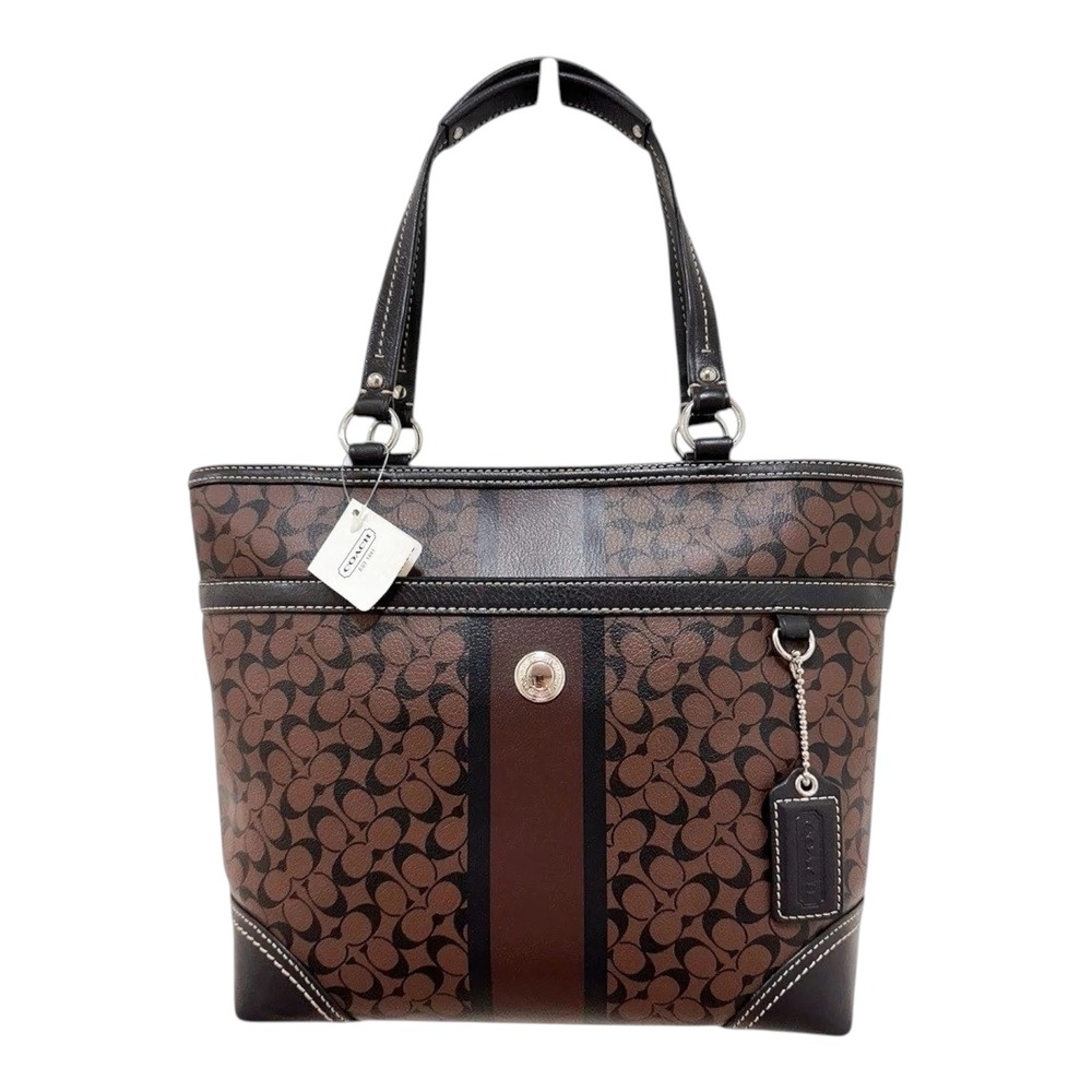 Coach Heritage Stripe Chelsea Tote Coated Canvas Brown Leather F15137